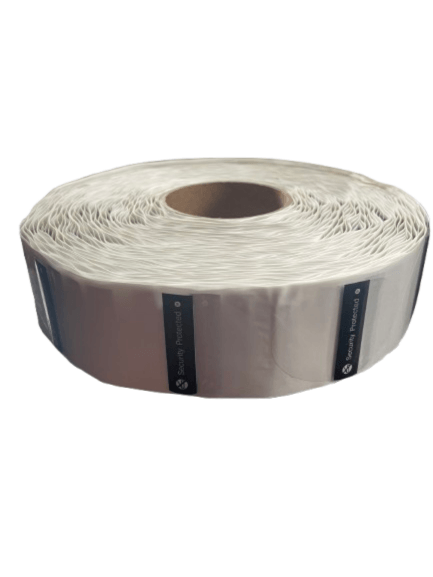Etiquette antivol autocollante transparente drapeau enroulée sur un rouleau de 1000 pcs pour sécuriser les produits.